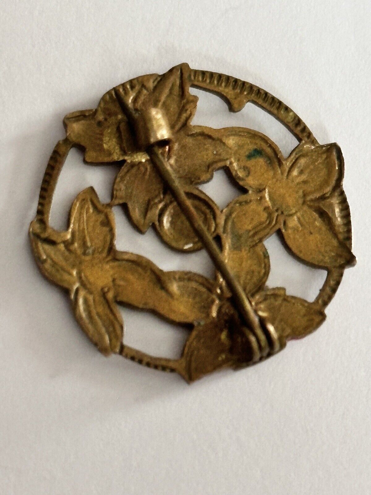 Vintage Early Pink Green Enamel Flowers Brooch