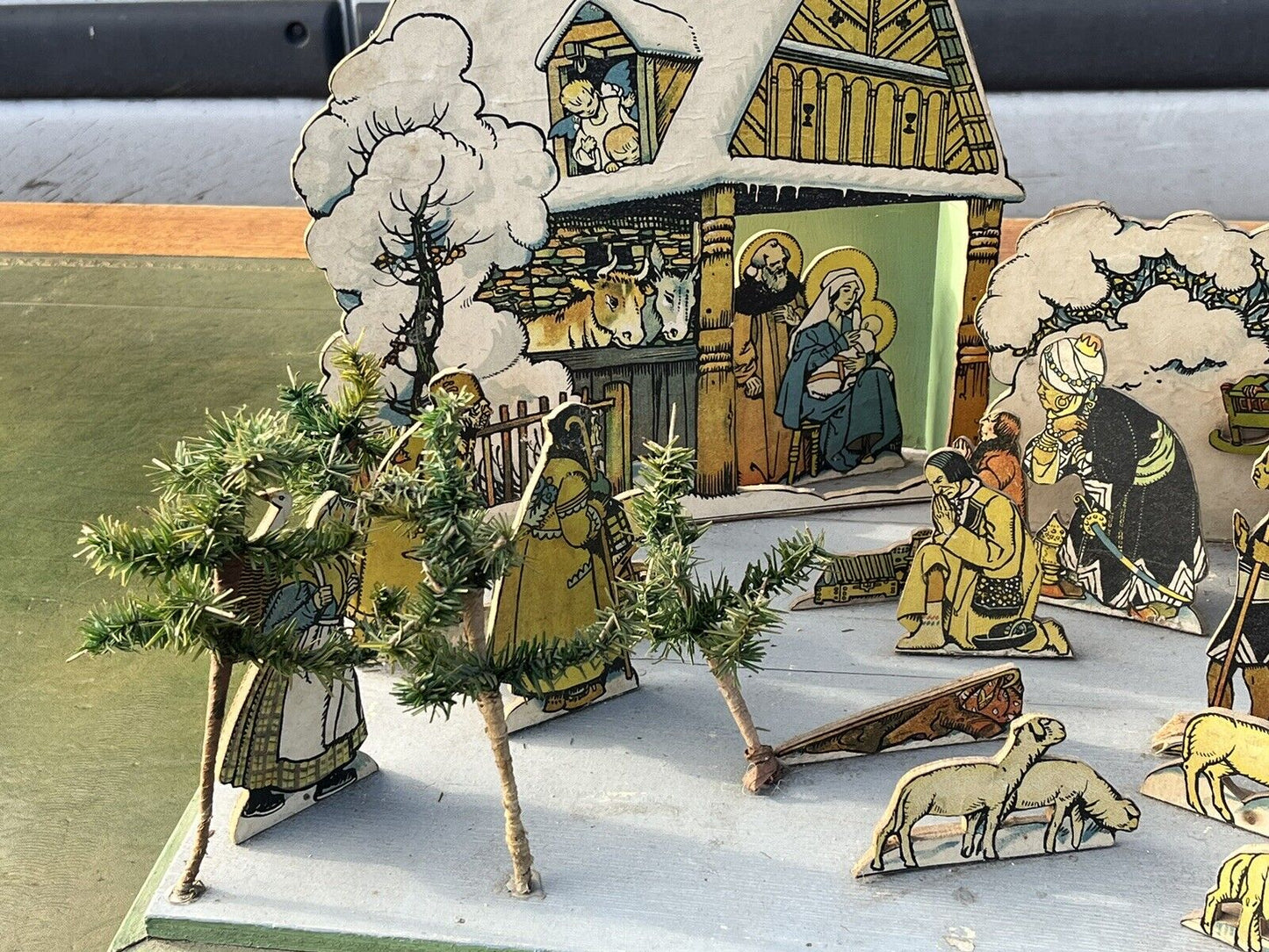 1950's Nativity Set, Wood With Printed Decoration. HUGE IN SIZE.