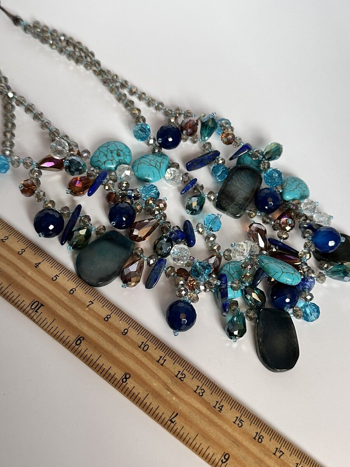 Turquoise Lapis Lazuli Natural Stone Crystal Statement Necklace Silver 925 Clasp