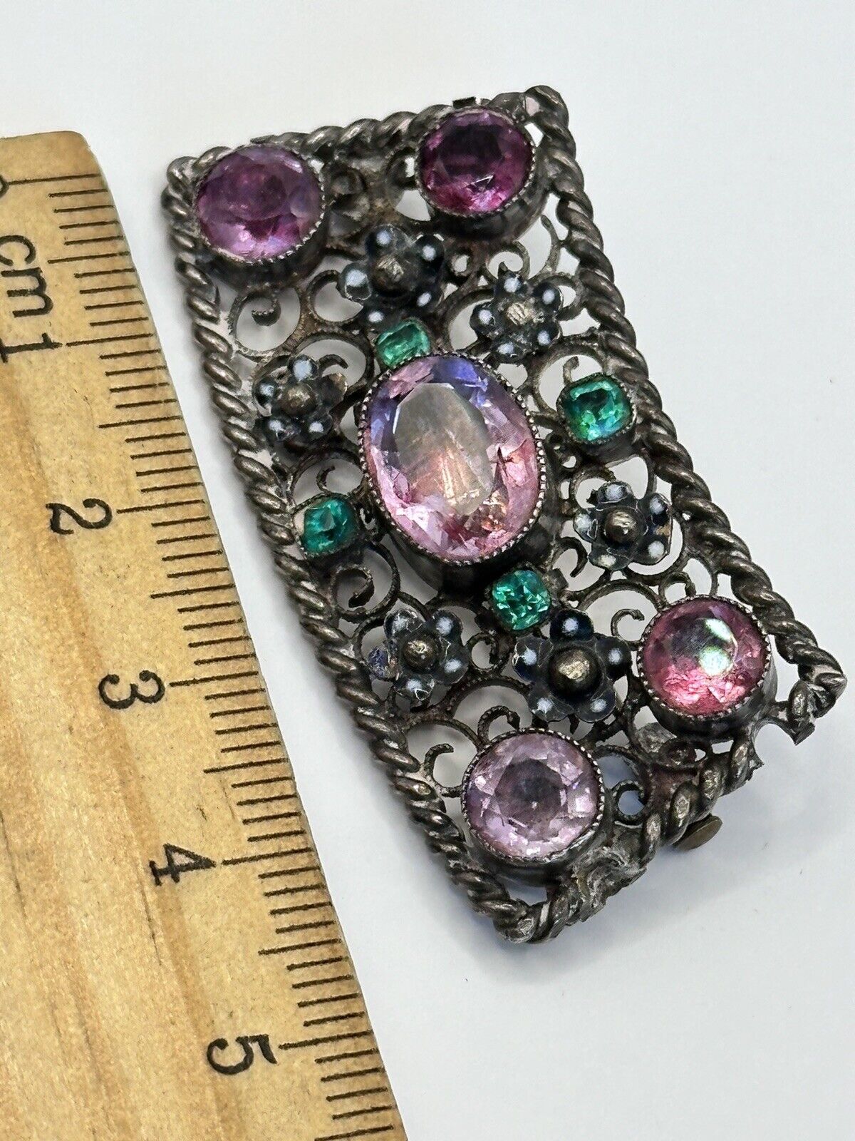 Antique Edwardian Open Filigree Pink Green Paste Glass Brooch