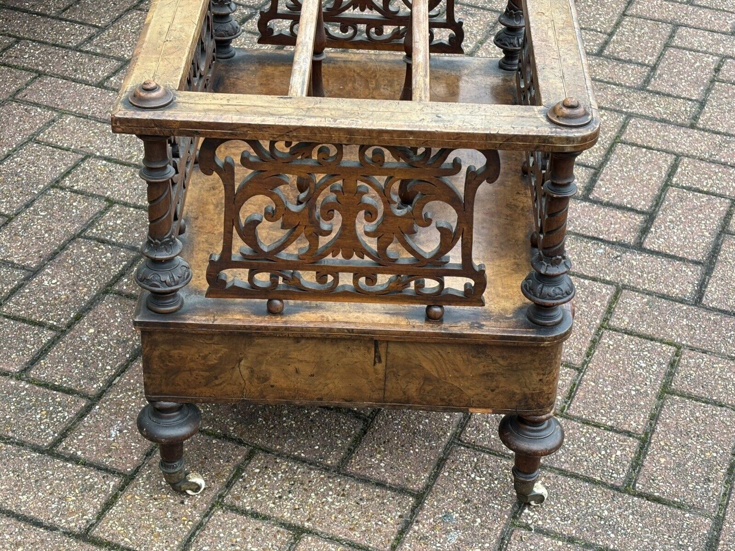 Victorian Walnut Canterbury Magazine Rack With Drawer, White Castors