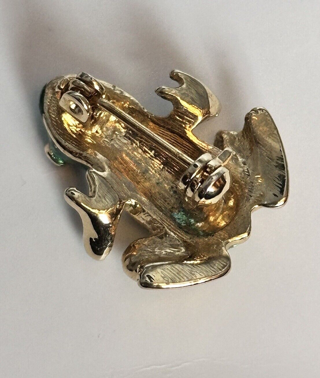 Vintage Gold Tone Green Enamel Frog Brooch