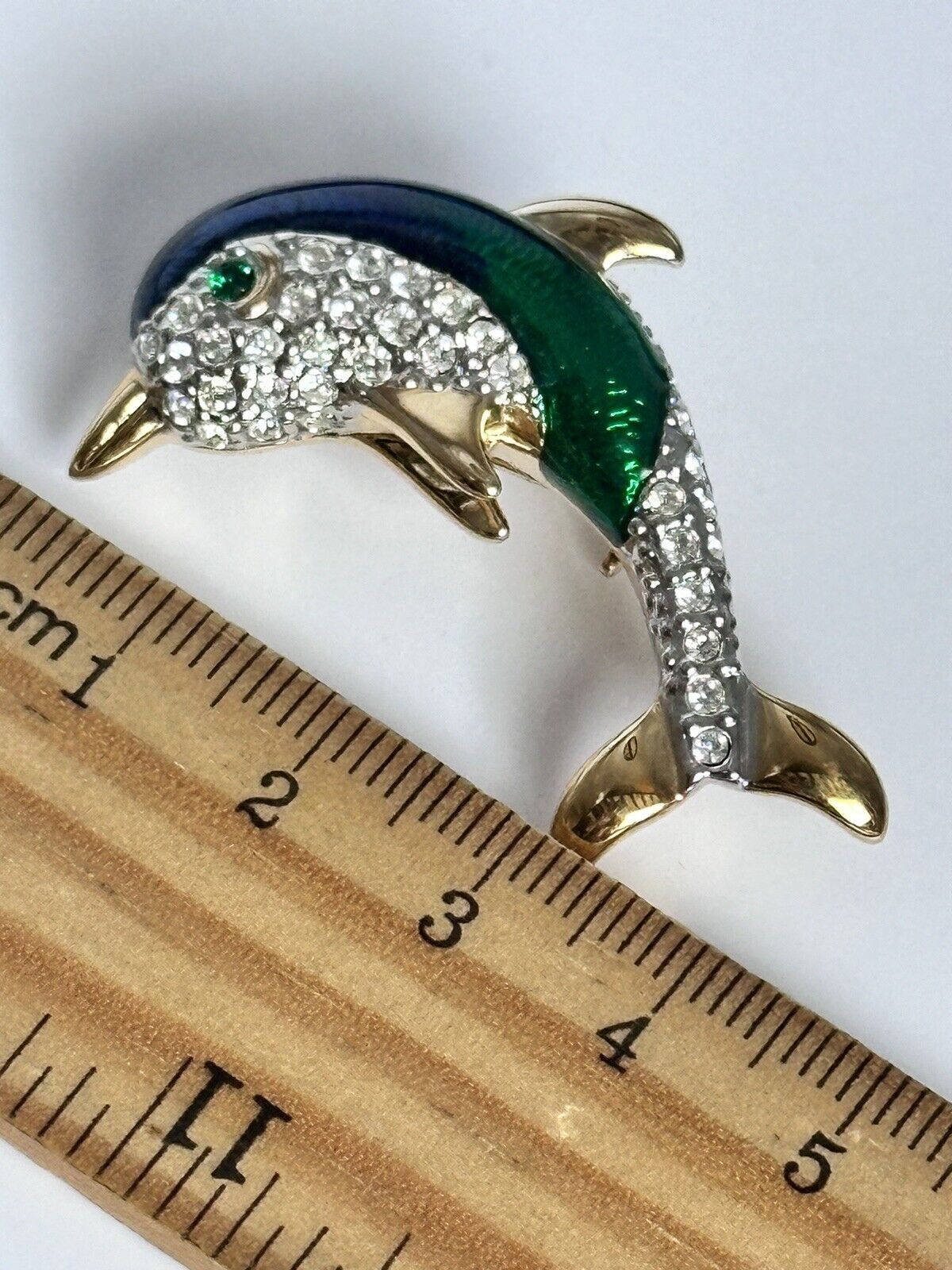 Vintage Gold Plated Blue Green Enamel Diamanté Dolphin Brooch