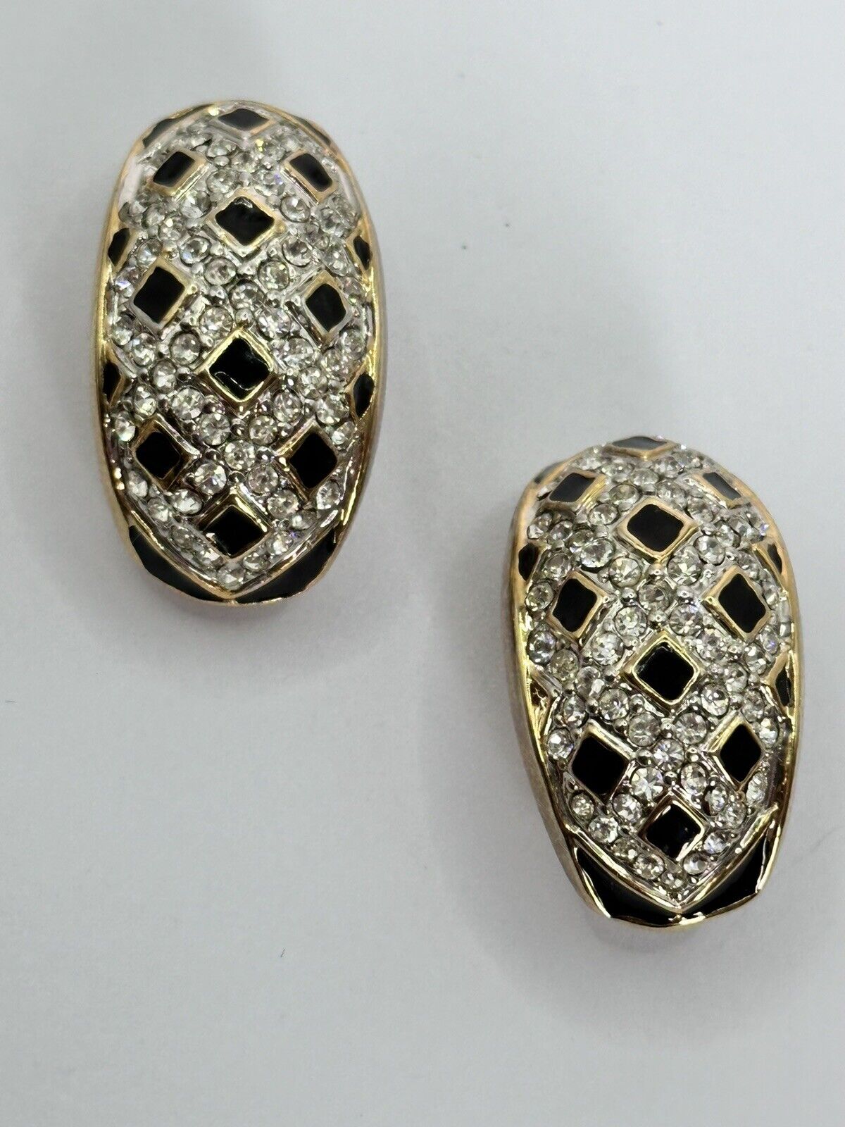 Vintage Gold Plated Black Enamel Diamanté Clip On Earrings