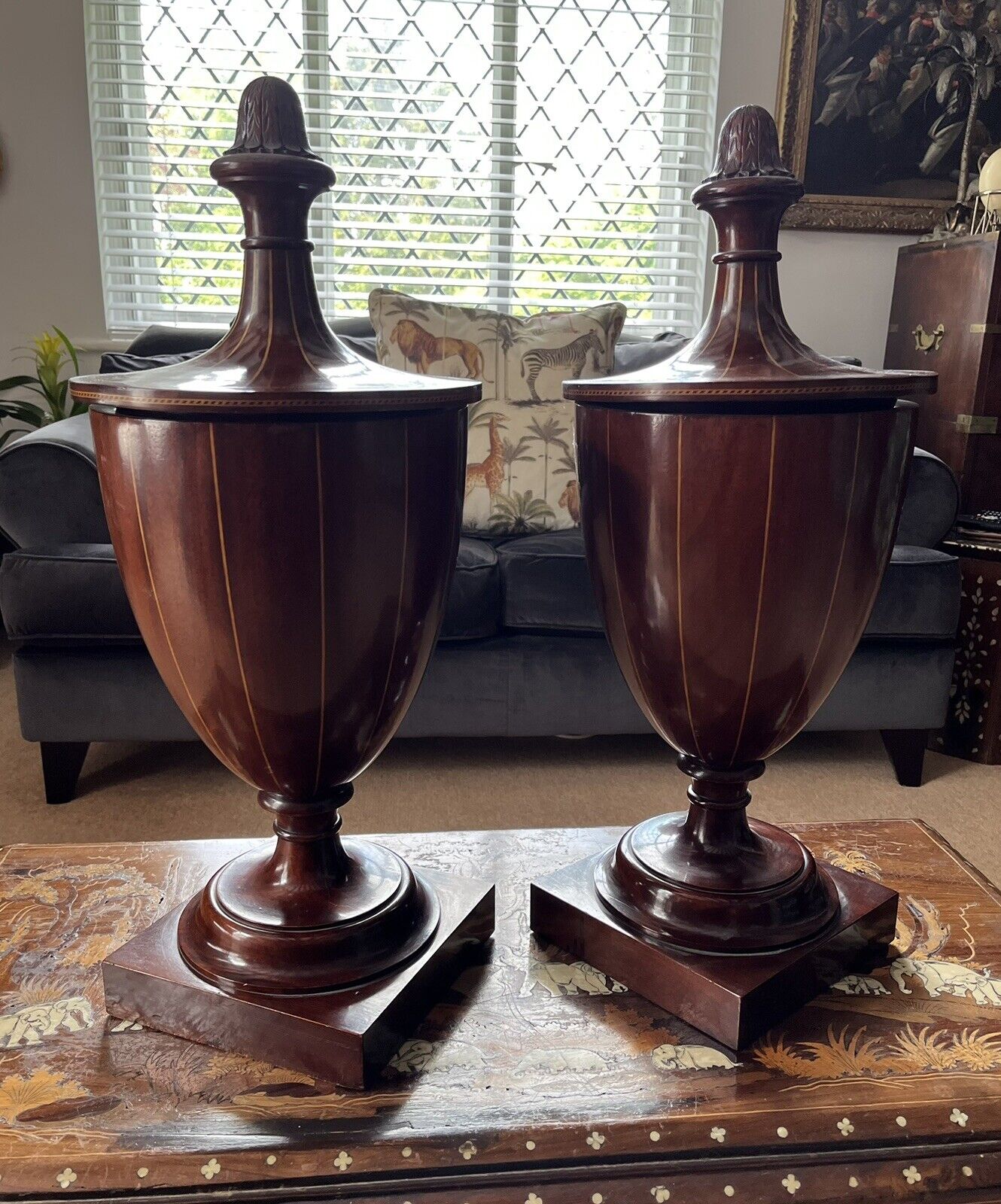 Antique Inlaid Mahogany Cutlery Urns