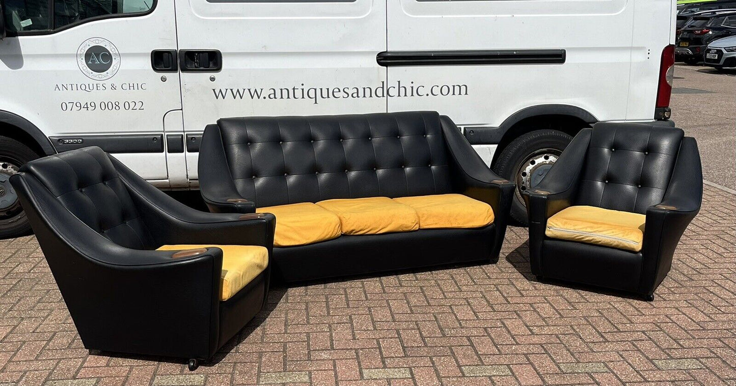 Black Mid Century 3 Seater Settee Sofa & 2 Matching Armchairs.