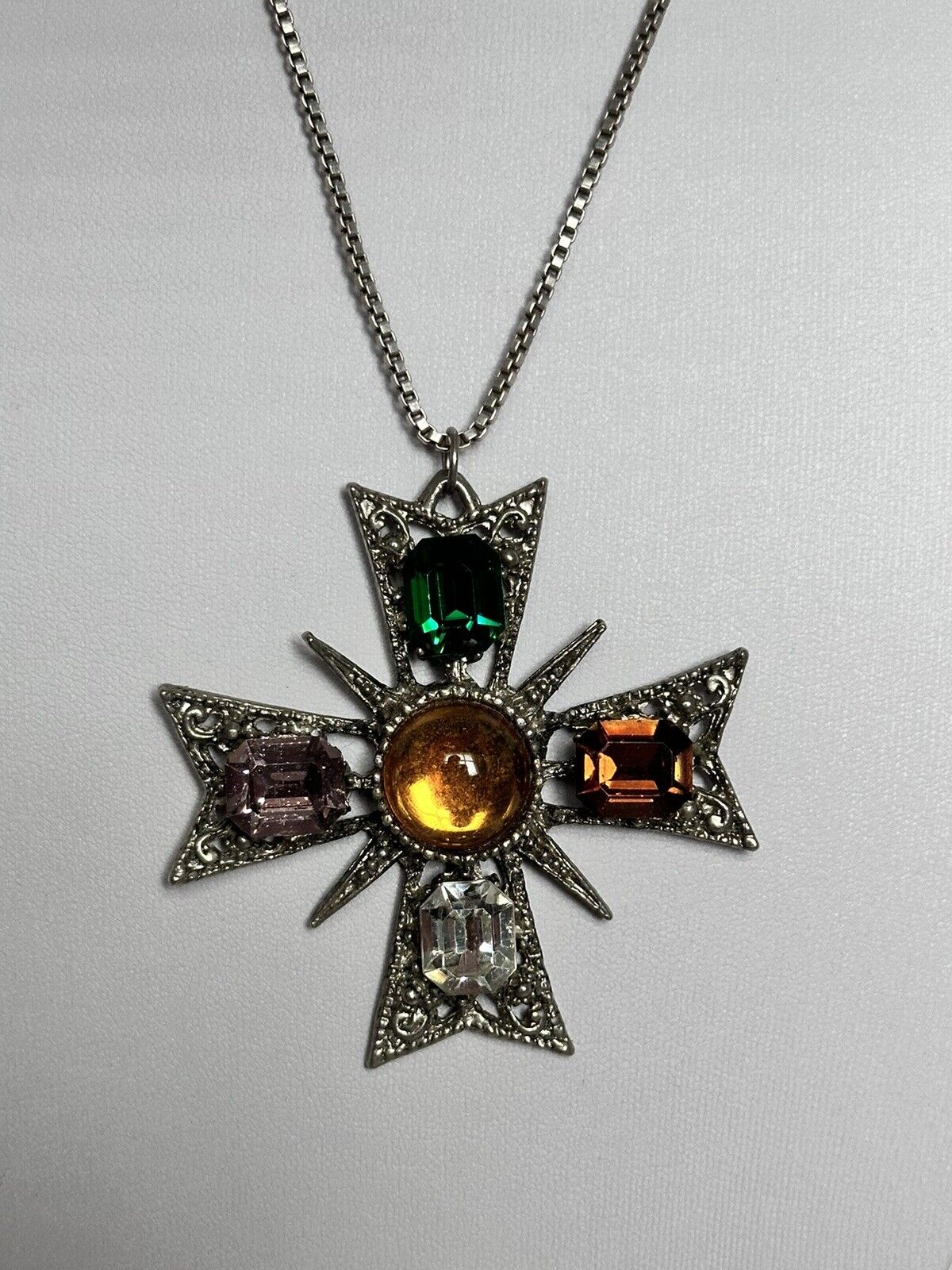 Vintage Maltese Cross Multicoloured Diamantés Pendant On Silver 925 Chain
