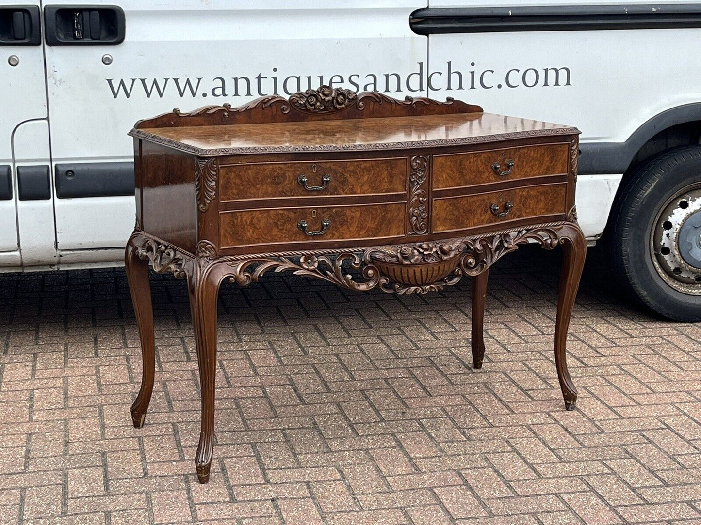 Art Deco Burr Walnut Console Table, Side Table, Server, Sideboard. 4 Drawers