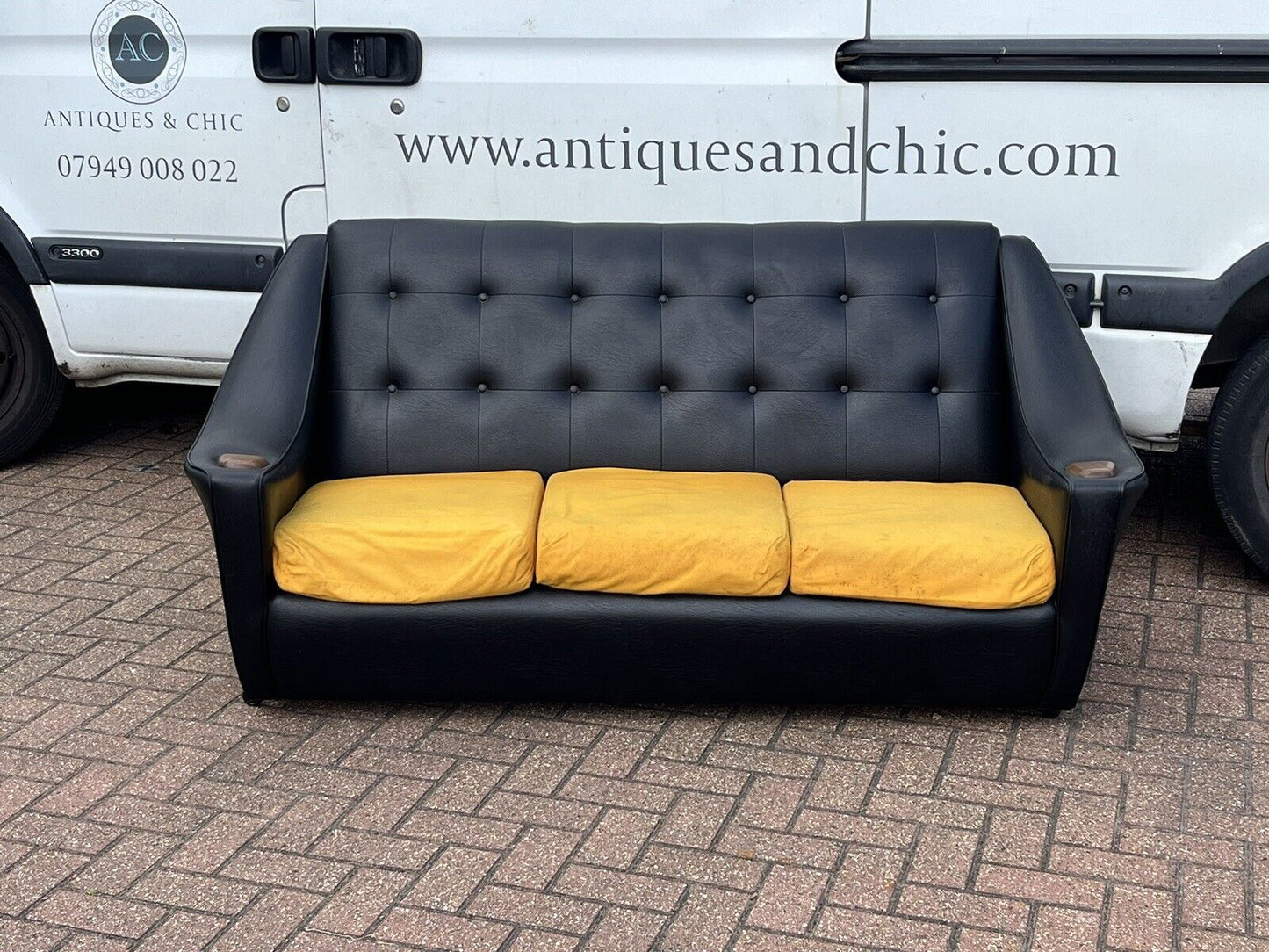 Black Mid Century 3 Seater Settee Sofa & 2 Matching Armchairs.