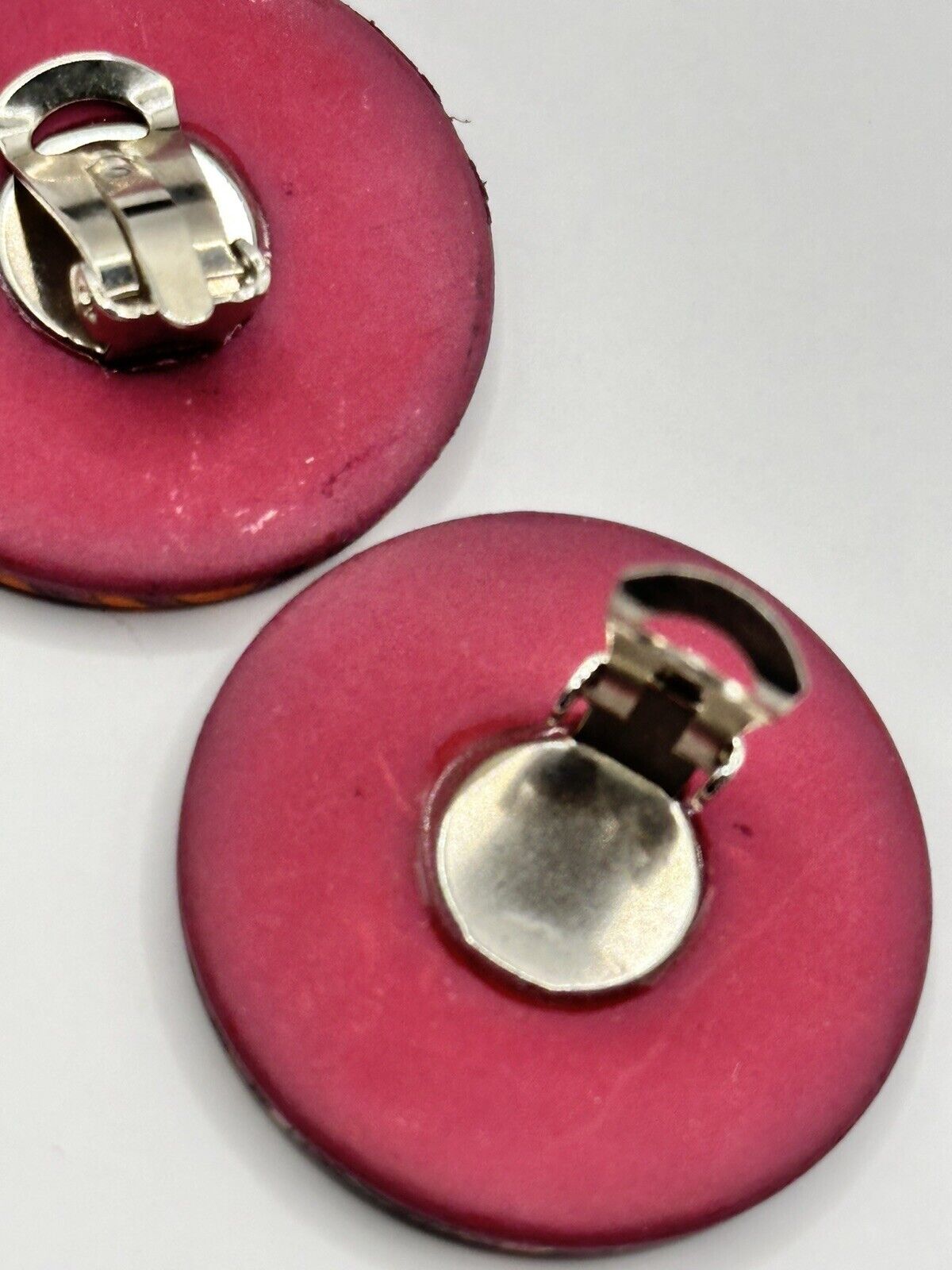 Vintage Ethnic Pink Orange Patterned Disk Clip On Earrings