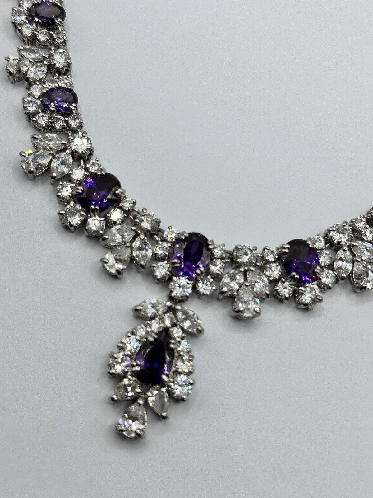 Vintage Statement Purple Clear Diamantés Lavaliere Necklace