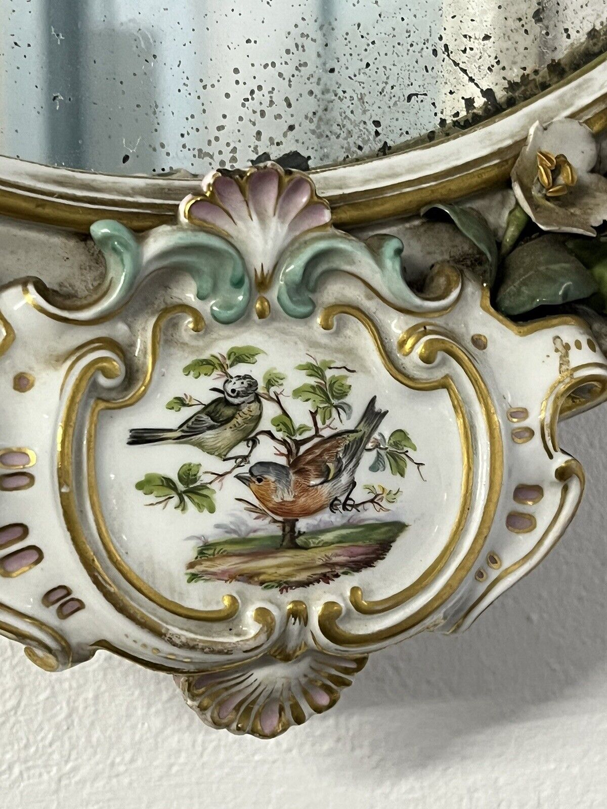 Antique Meissen German Porcelain Wall Mirror Set. Decorated With Cherubs & Birds