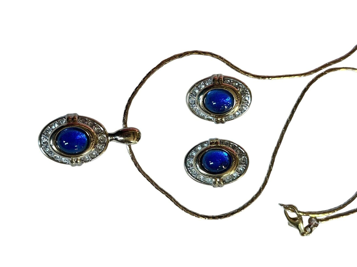 Vintage Blue Cabochon Silver Gold Tone Diamanté Necklace Clip On Earring Set