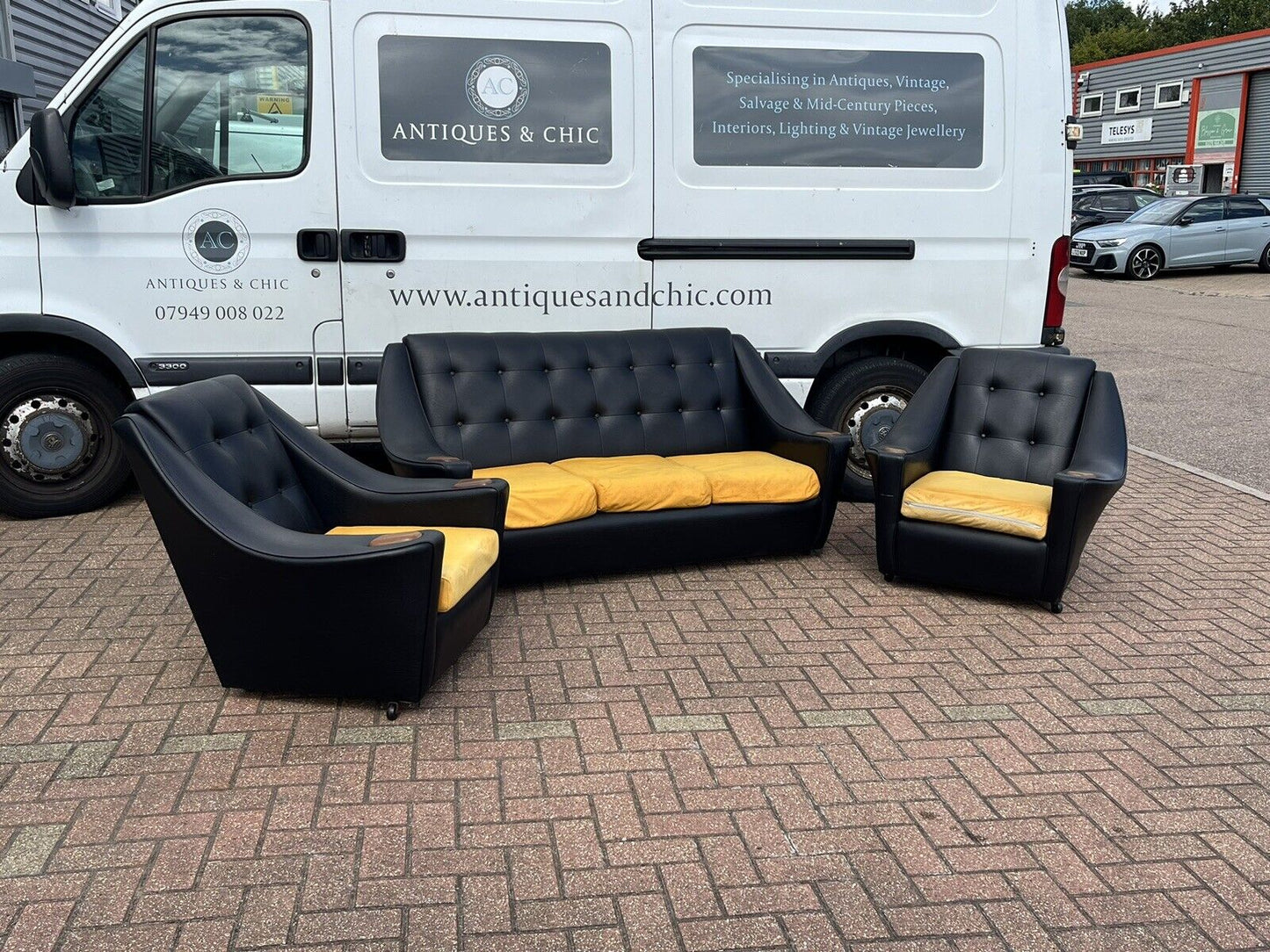 Black Mid Century 3 Seater Settee Sofa & 2 Matching Armchairs.