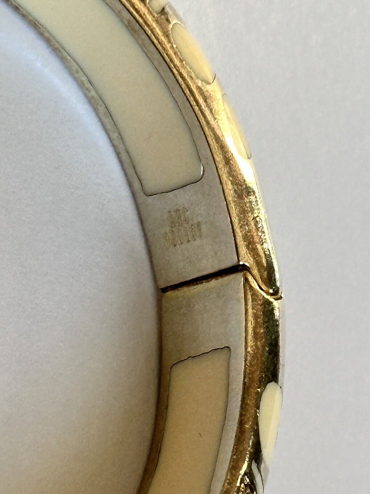 Designer Andrew Hamilton Crawford Gold Wash Cream Enamel Diamanté Hinged Bangle