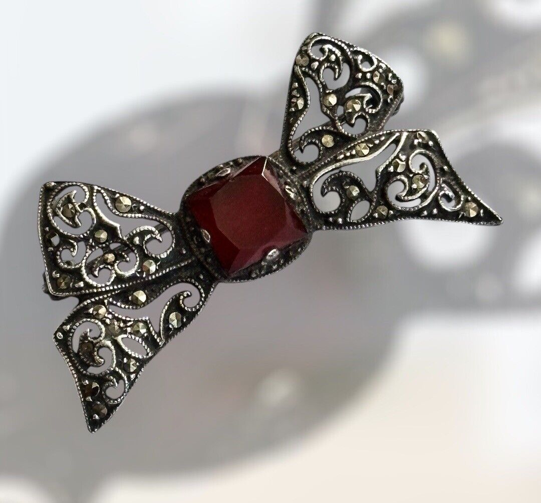 Vintage Antique Silver Marcasite Carnelian Bow Brooch