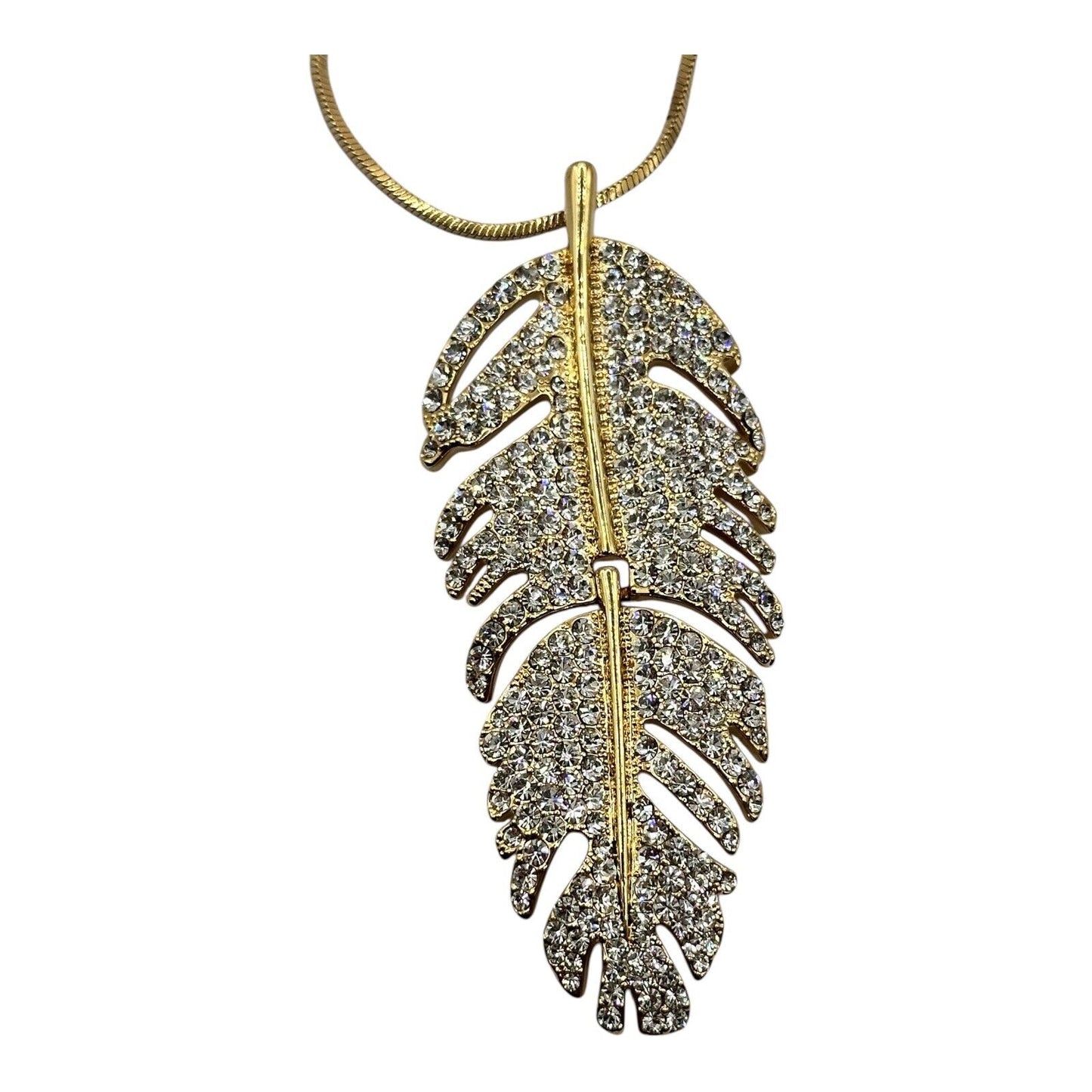 Vintage Gold Tone Diamanté Feather Pendant Necklace