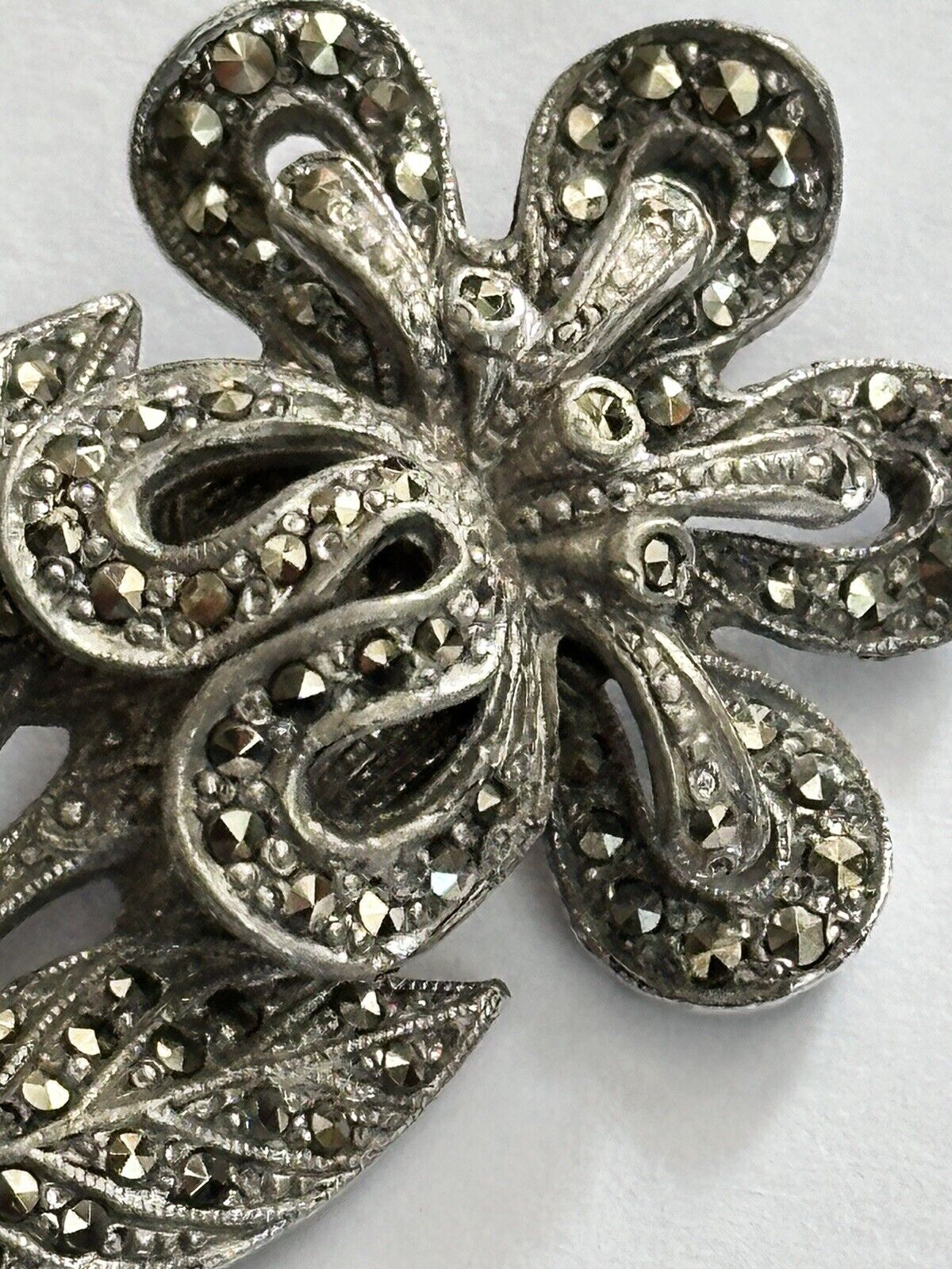 Vintage Silver Tone Marcasite Flower Brooch