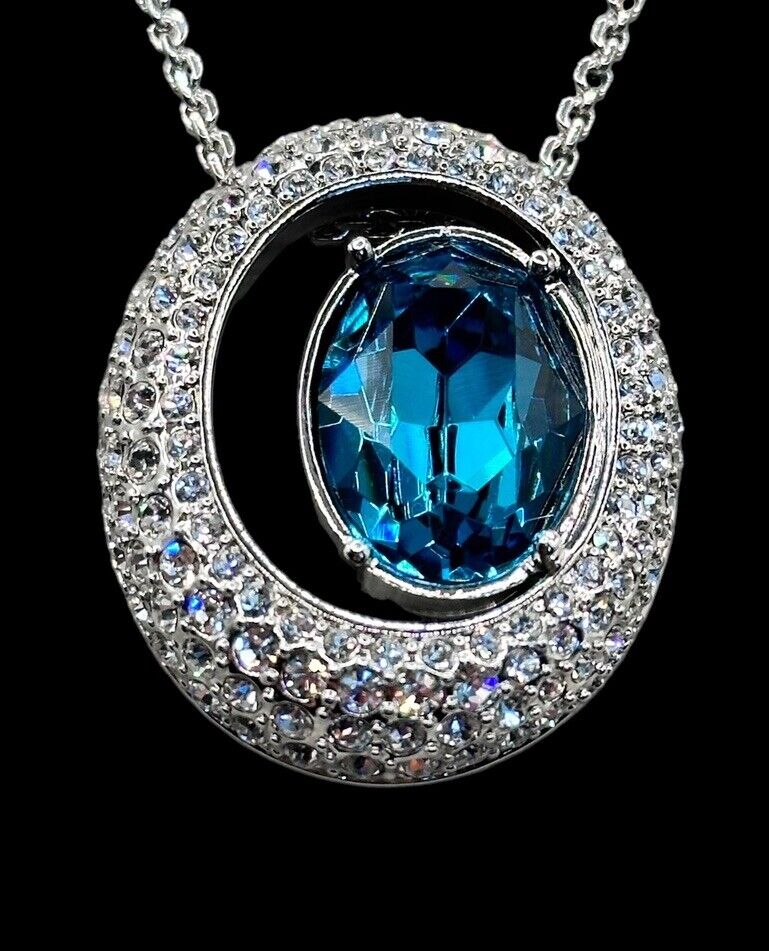 Vintage 1980s Rhodium Plated Blue Crystal Necklace New Old Stock