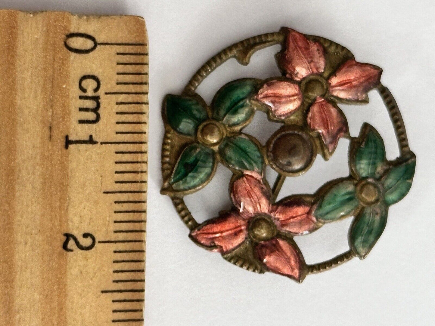 Vintage Early Pink Green Enamel Flowers Brooch