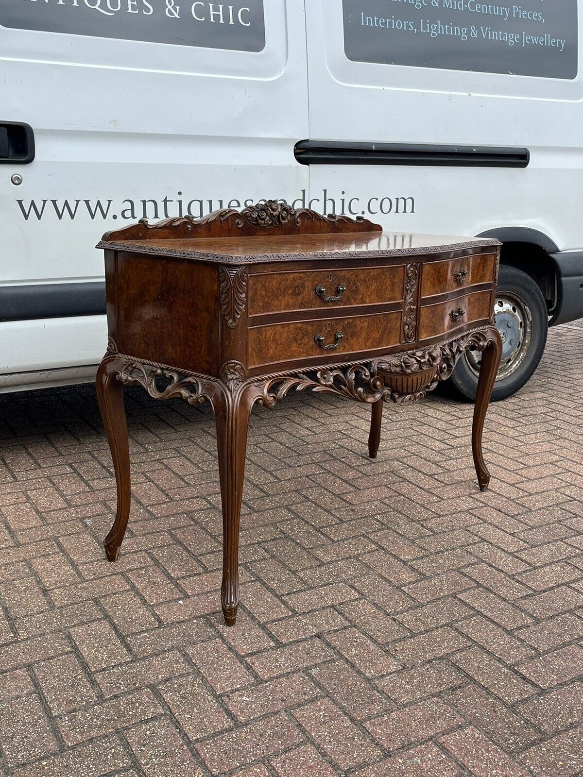 Art Deco Burr Walnut Console Table, Side Table, Server, Sideboard. 4 Drawers