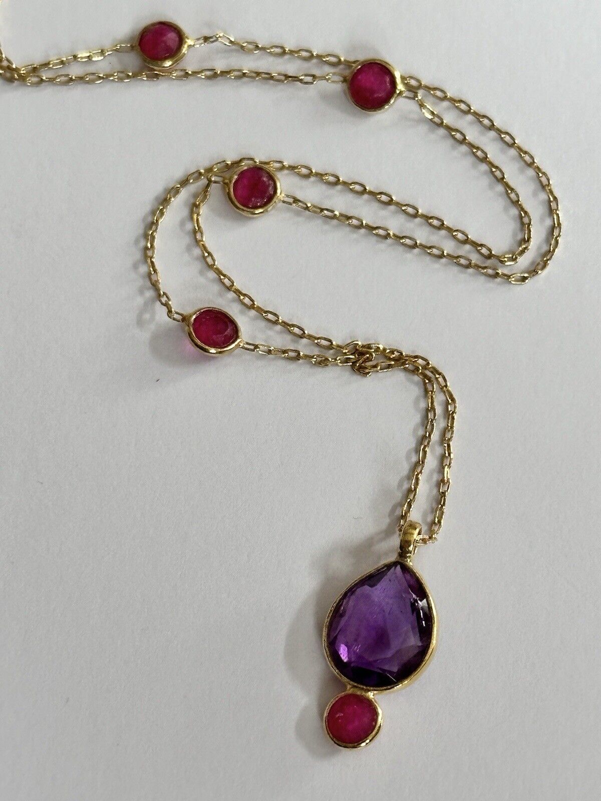 18k Gold Vermeil On 925 Silver Amethyst Teardrop And Ruby Necklace