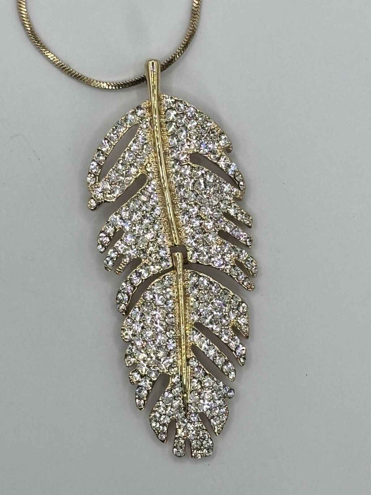Vintage Gold Tone Diamanté Feather Pendant Necklace