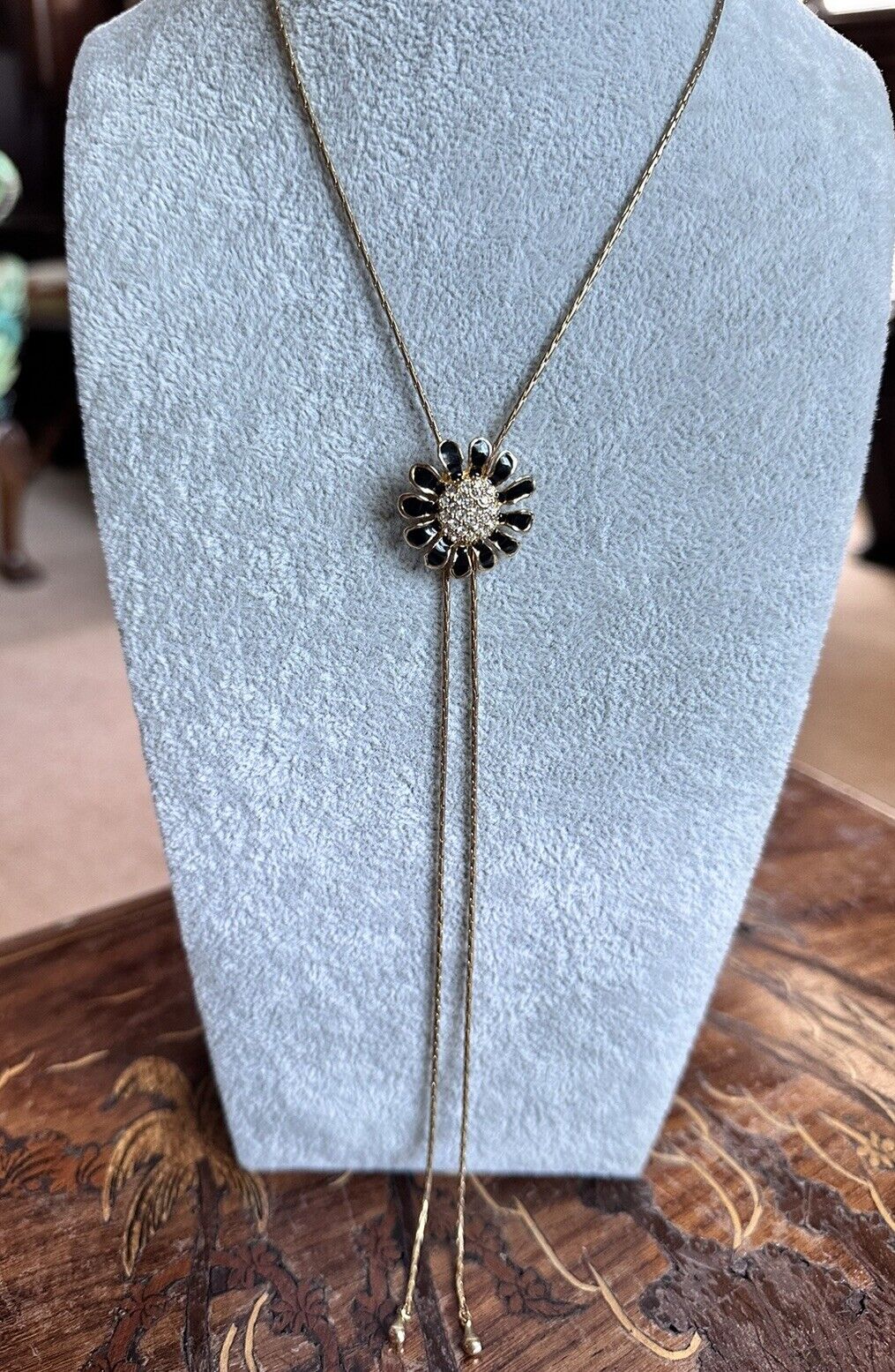 Vintage Gold Tone Adjustable Black Enamel Diamanté Flower Necklace
