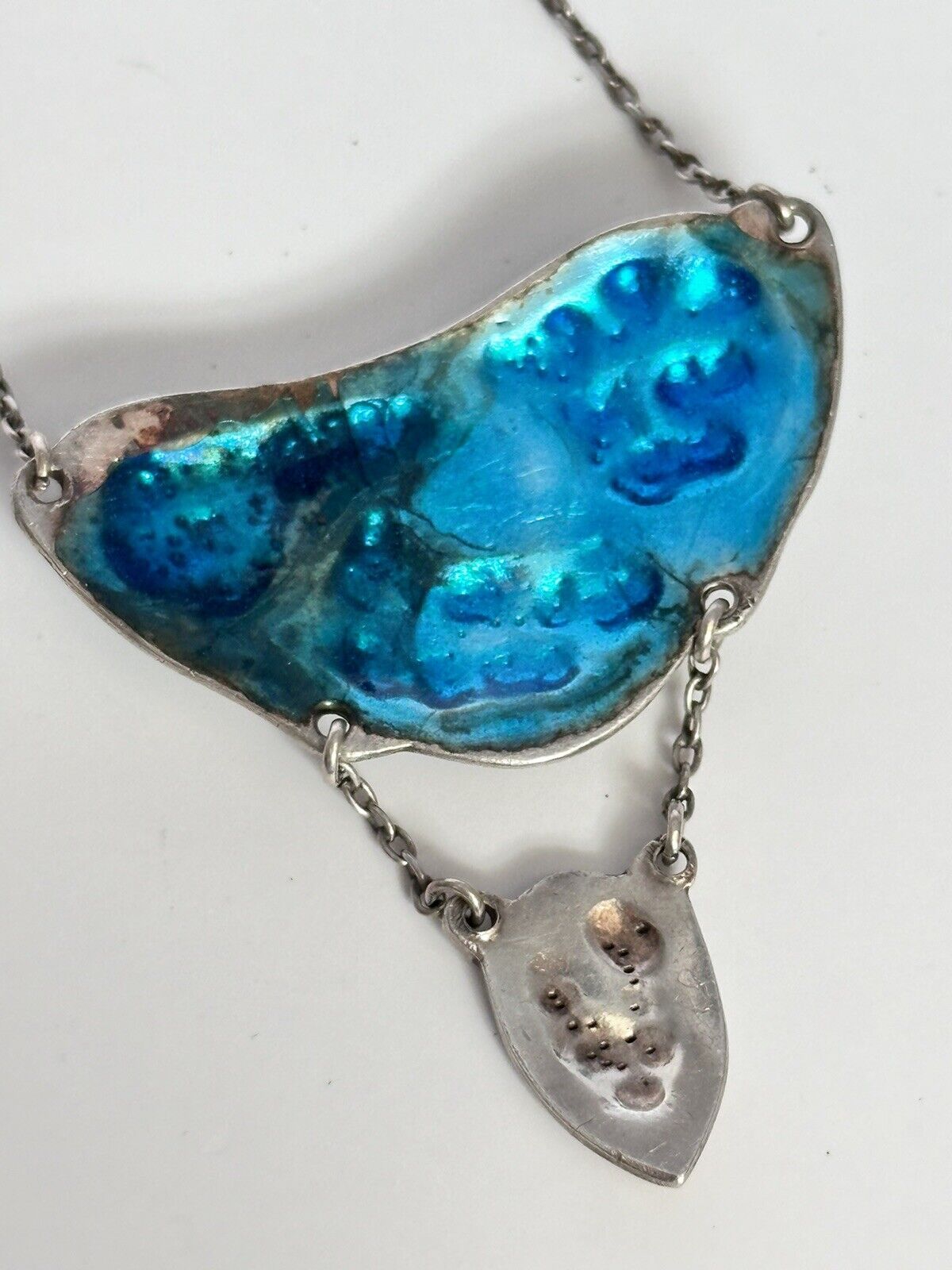 Arts & Crafts Sterling Silver Blue Green Enamel Pearl Lavaliere Necklace