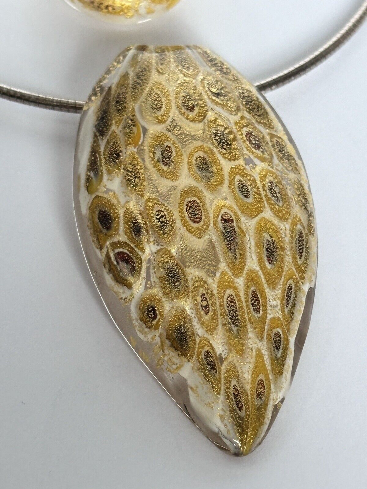 Vintage Gold Murano Glass Pendant On Sterling Silver Chain Matching Ring Set