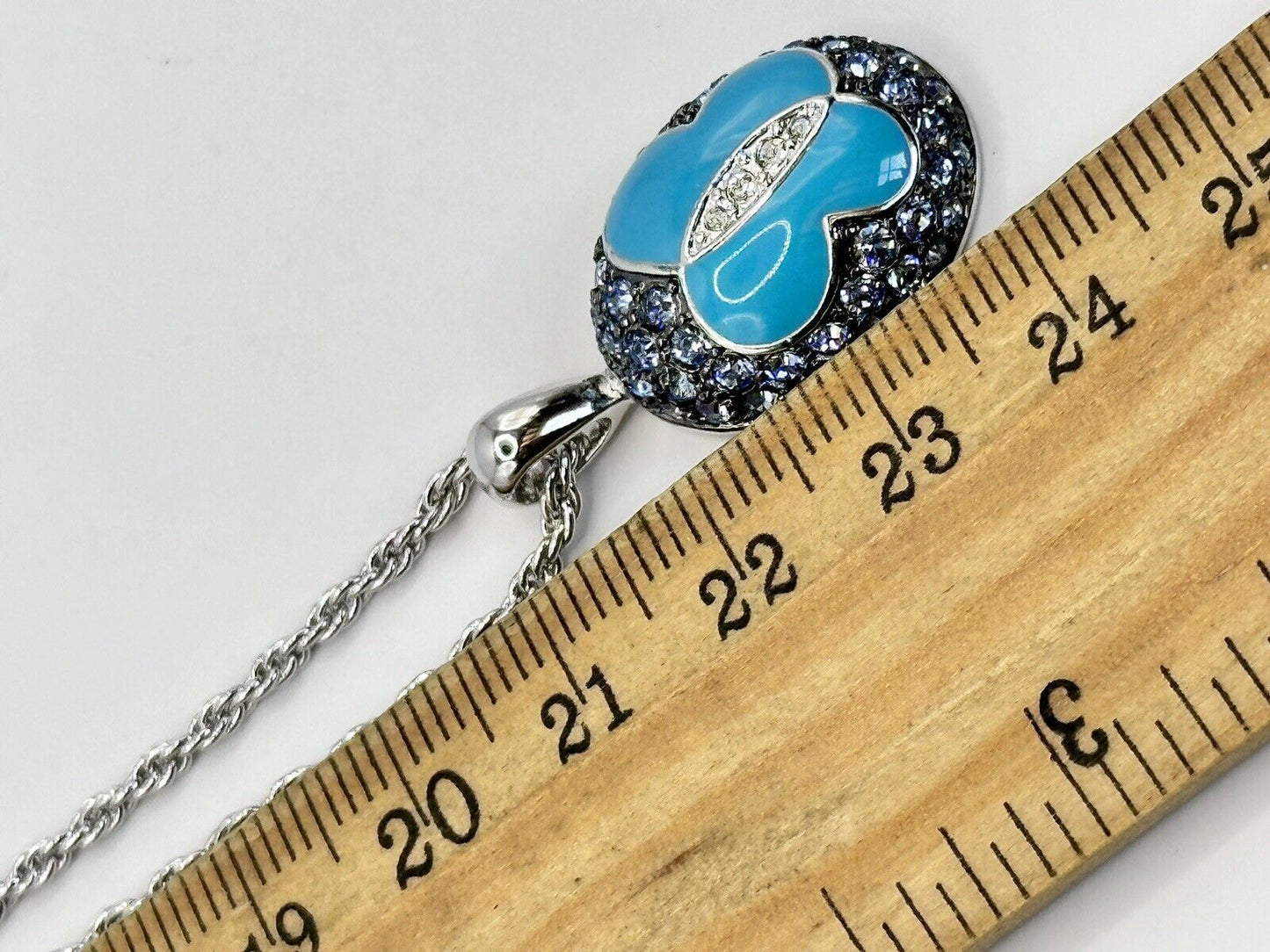 Vintage 1980s Rhodium Plated Blue Butterfly Diamanté Pendant Necklace