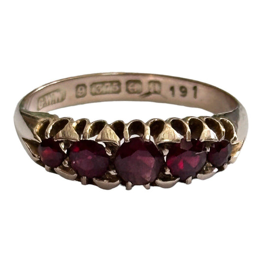 Antique Edwardian 9ct Gold 5 Garnet Stone Ring