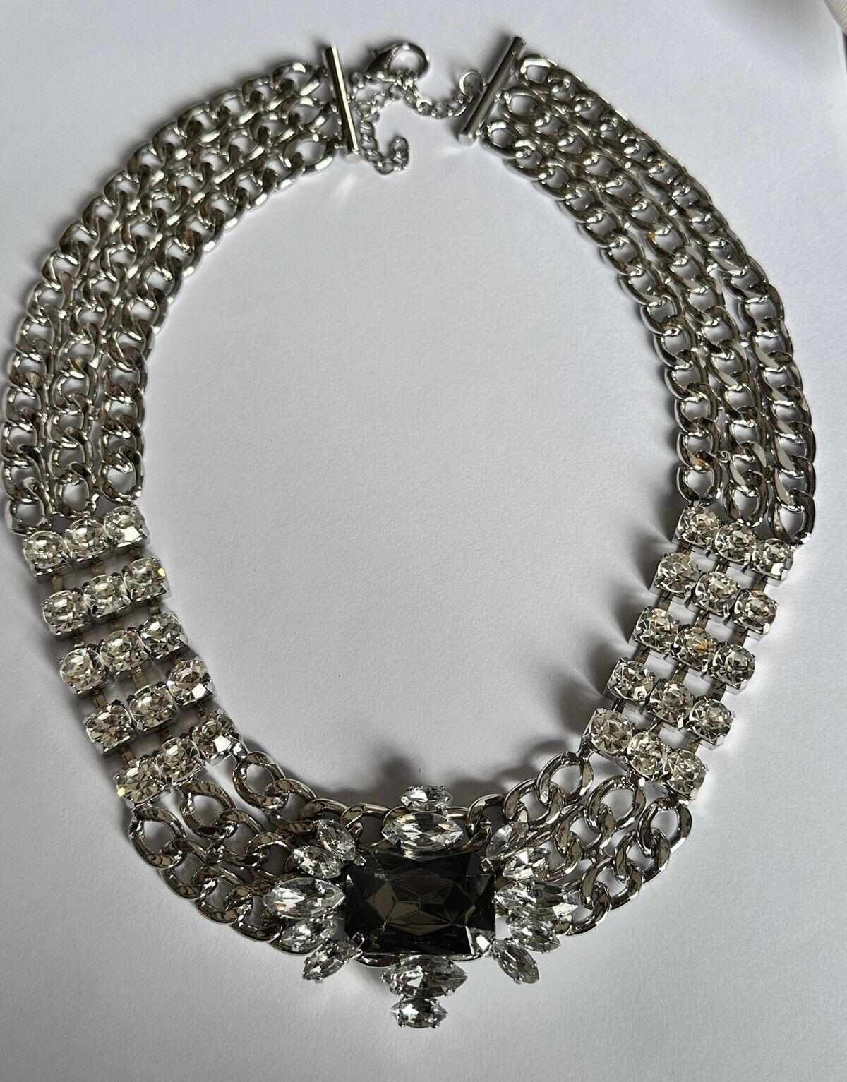 Vintage Silver Tone Chain Link Diamanté Statement Necklace