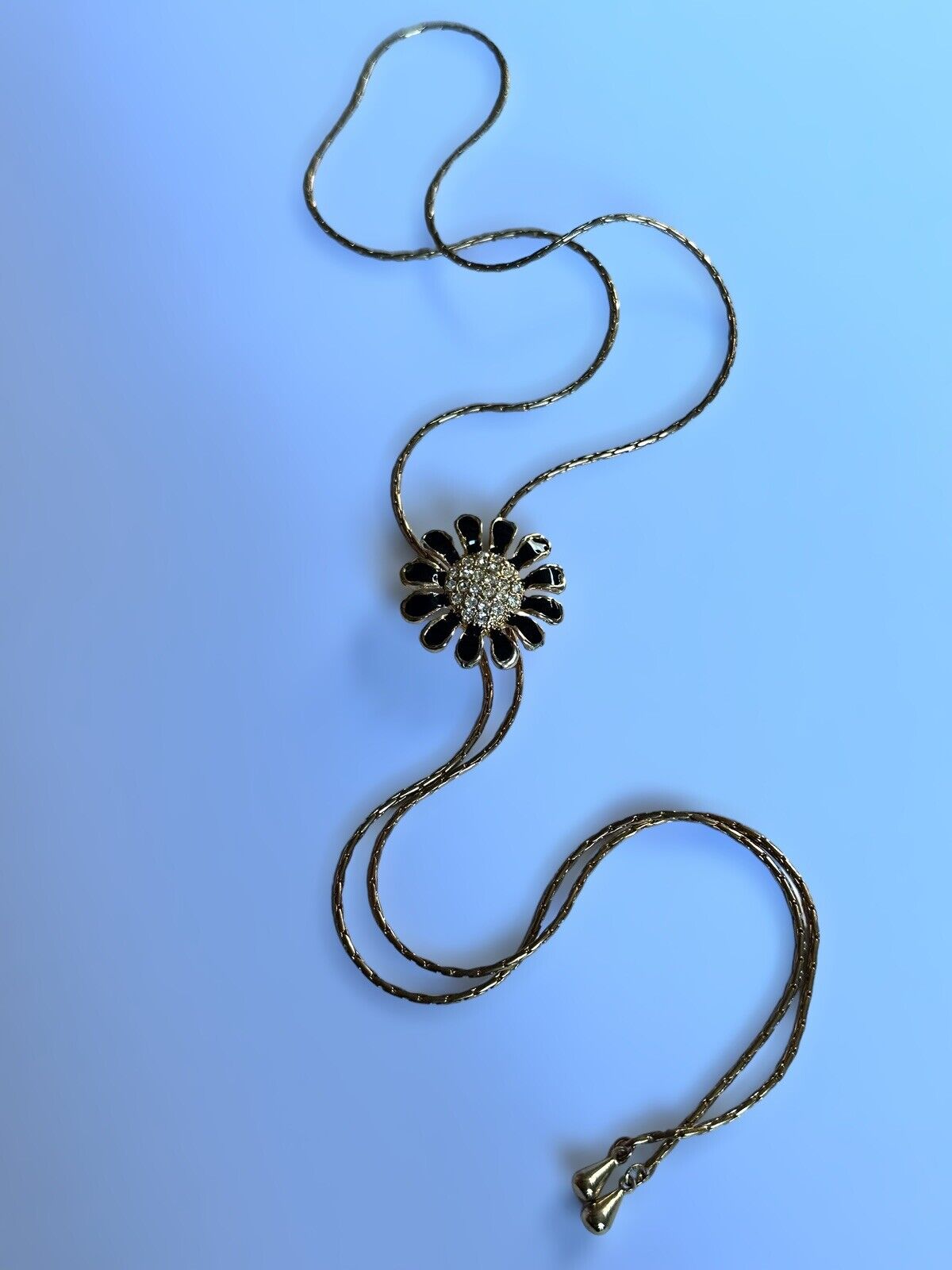 Vintage Gold Tone Adjustable Black Enamel Diamanté Flower Necklace