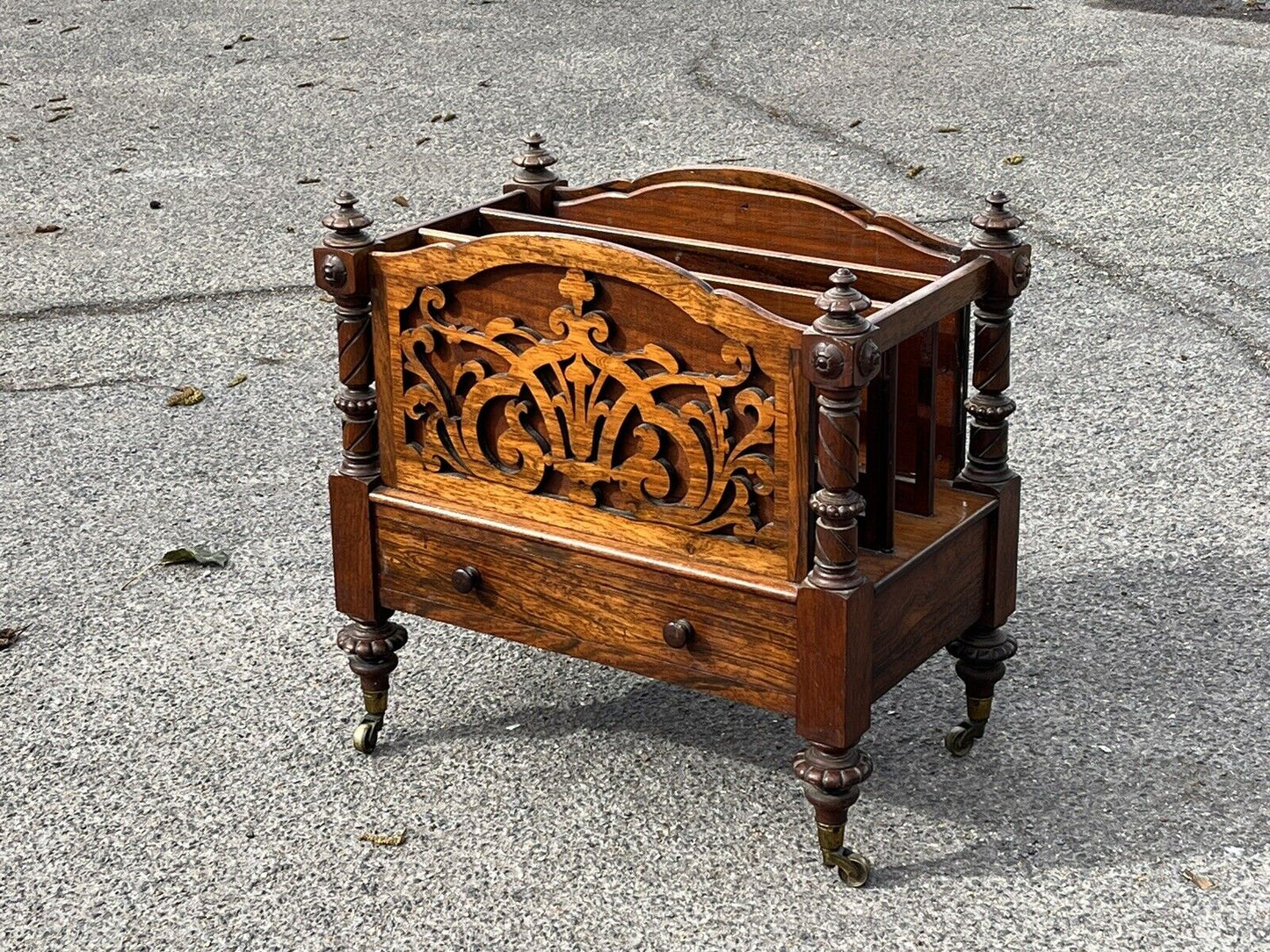 Victorian Rosewood Canterbury Magazine Rack With Drawer On Castors