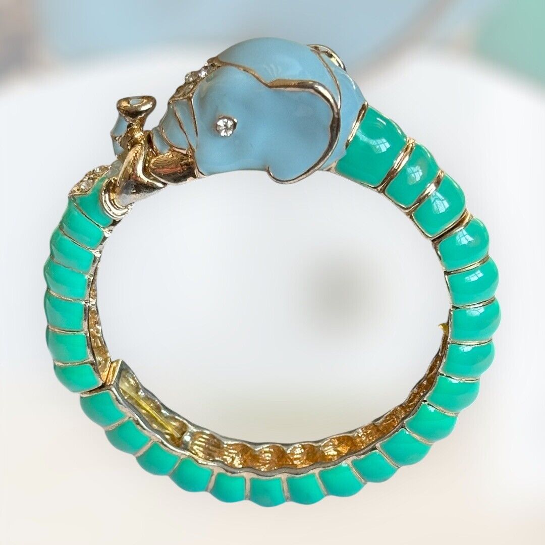 Vintage Elephant Green Enamel Diamanté Bracelet Bangle