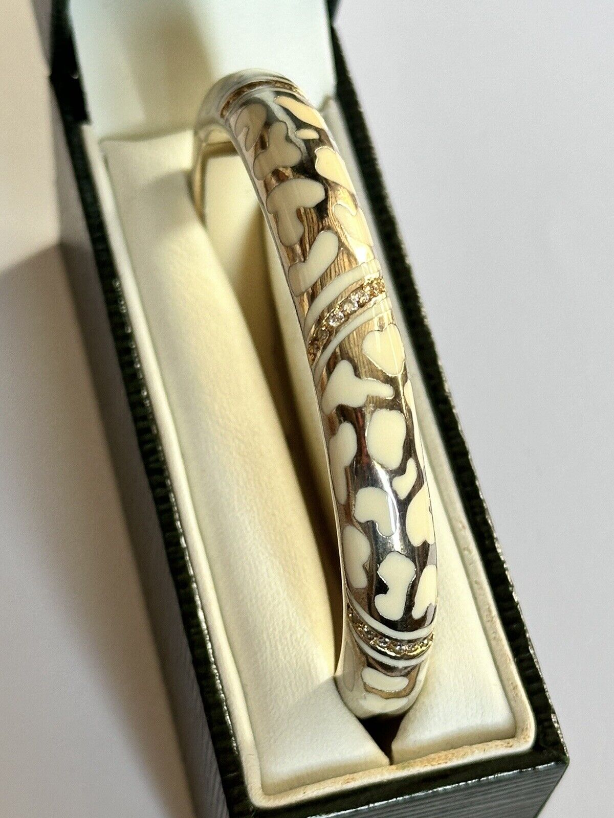 Designer Andrew Hamilton Crawford Gold Wash Cream Enamel Diamanté Hinged Bangle