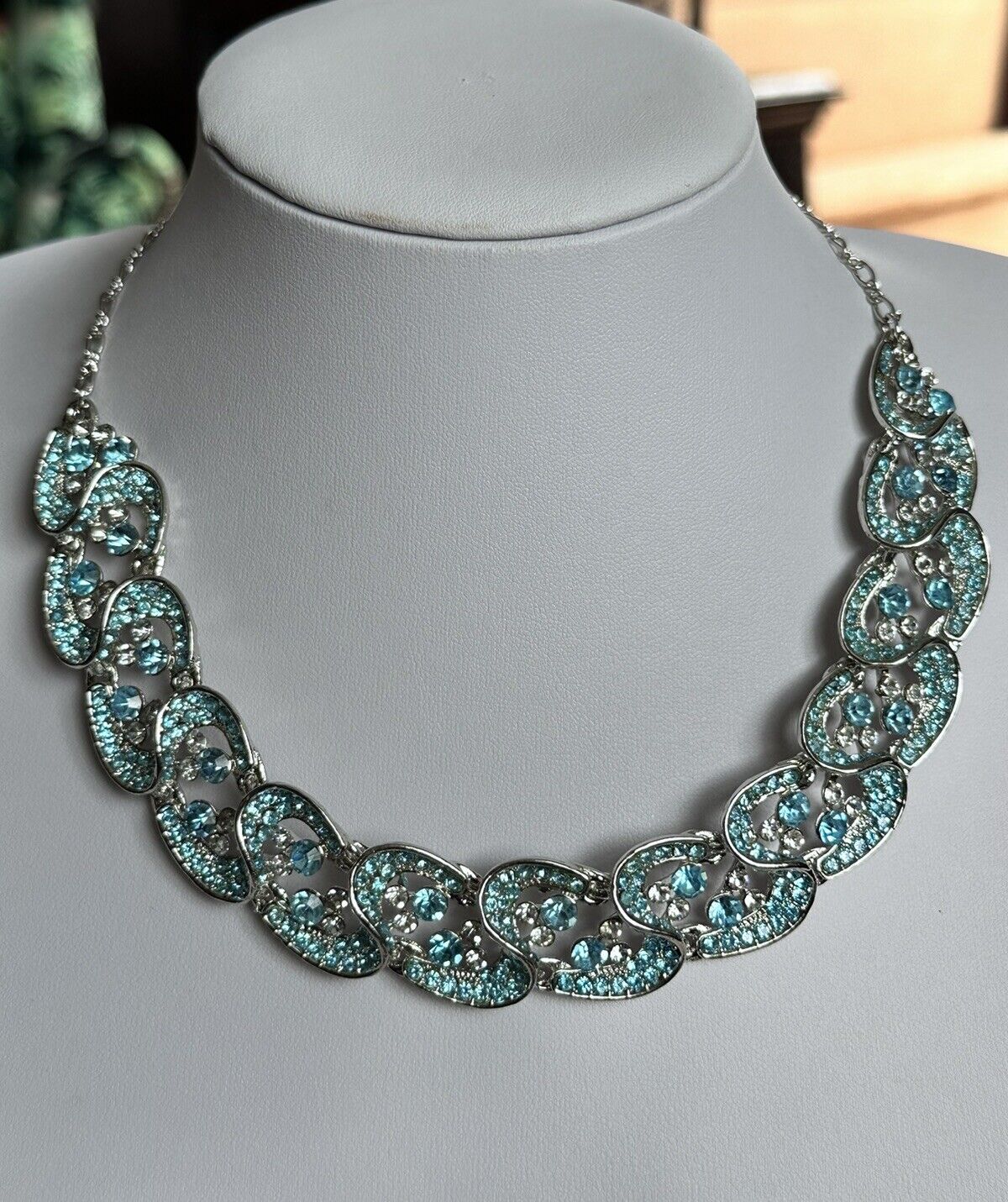 Vintage Silver Tone Blue Diamanté Statement Necklace