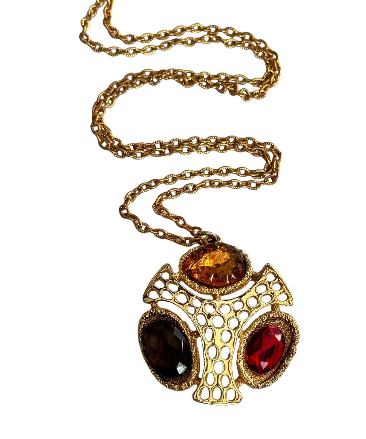 Vintage 60s/70s Gold Tone Red Orange Stone Pendant Necklace