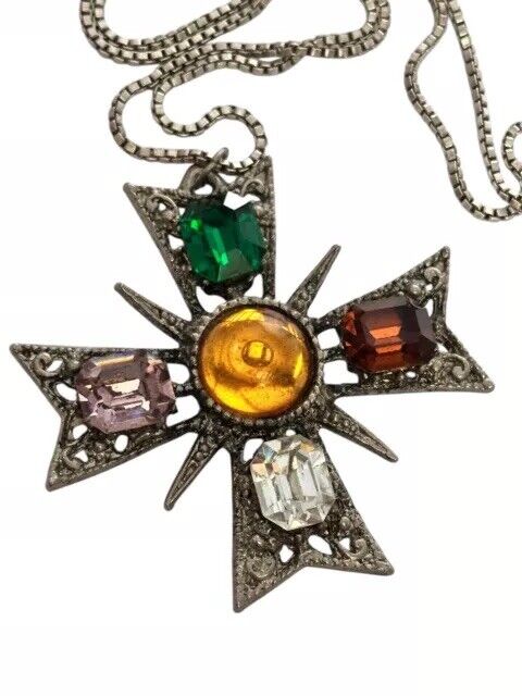 Vintage Maltese Cross Multicoloured Diamantés Pendant On Silver 925 Chain