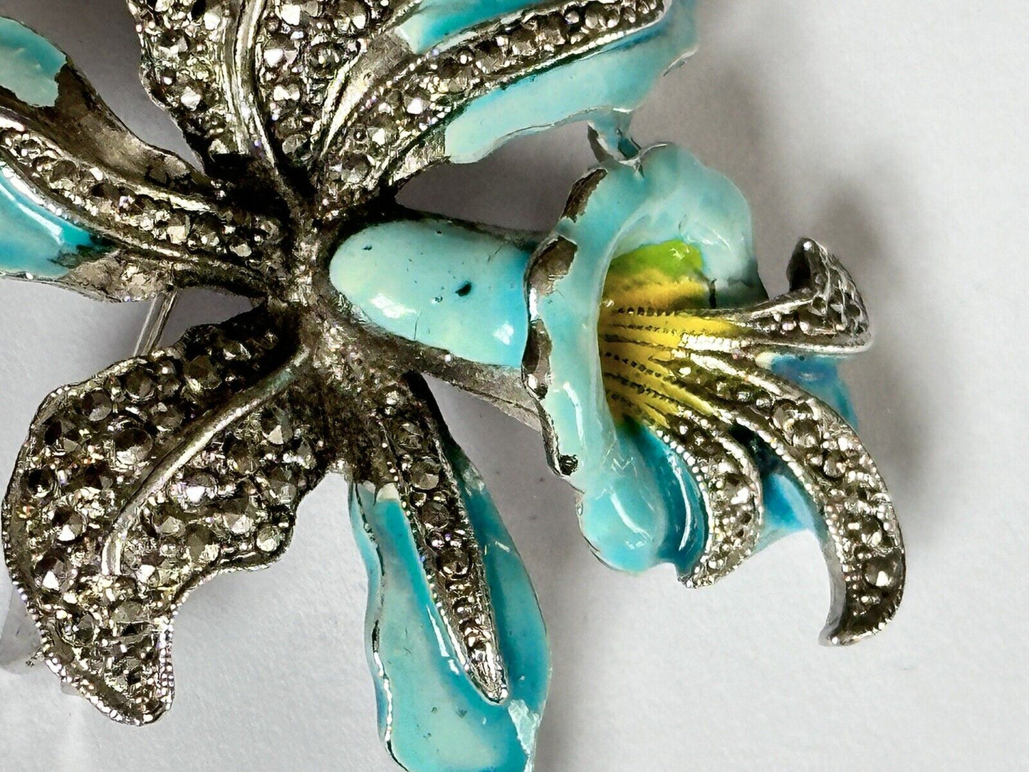 Vintage Turquoise Enamel Marcasite Flower Brooch