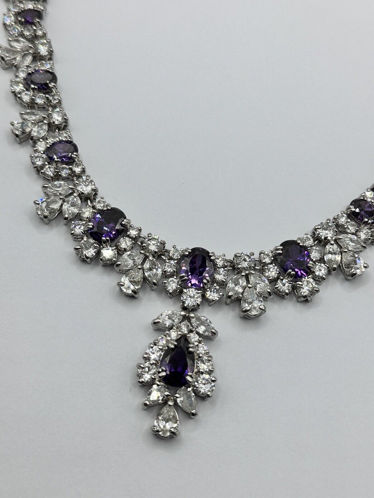 Vintage Statement Purple Clear Diamantés Lavaliere Necklace