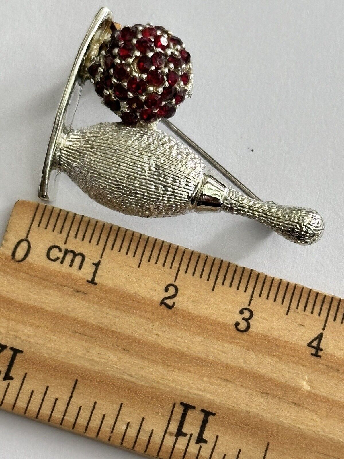 Vintage Silver Tone Red Diamanté Ten Pin Bowling Ball Brooch