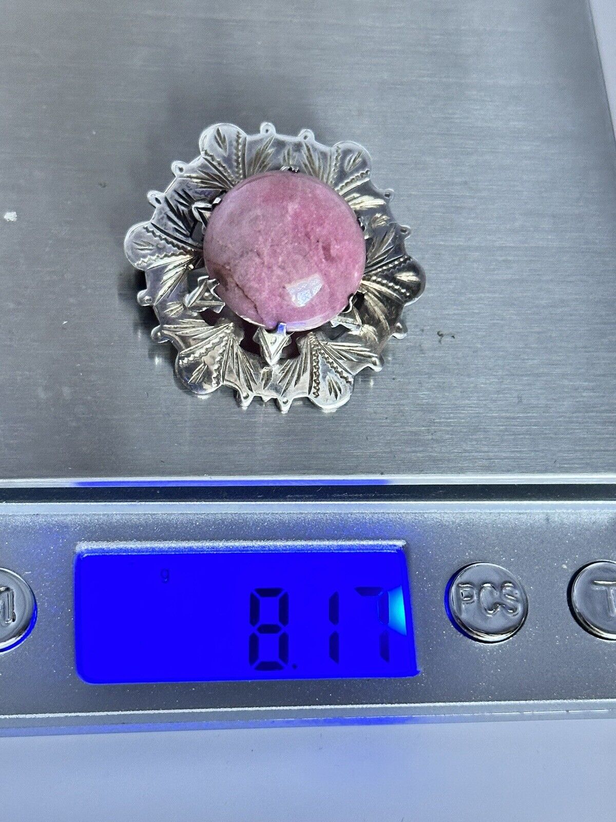 Vintage Silver 925 Pink Agate Brooch