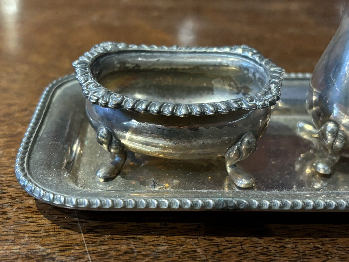 Silver Plate Salt & Pepper And Sauce Set On Tray