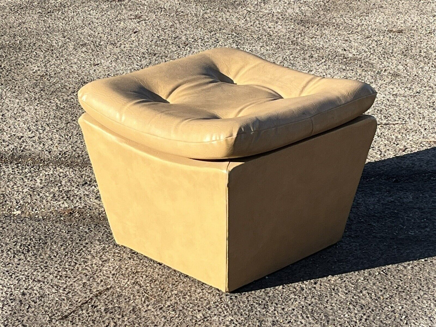 Mid-Century Pouffe / Stool, With Storage, Tan Faux Leather