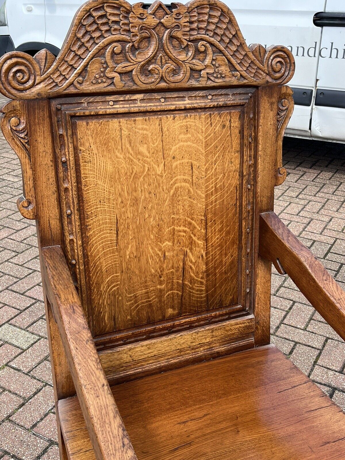 Oak Wainscot Chairs. Superb Carved Decoration.