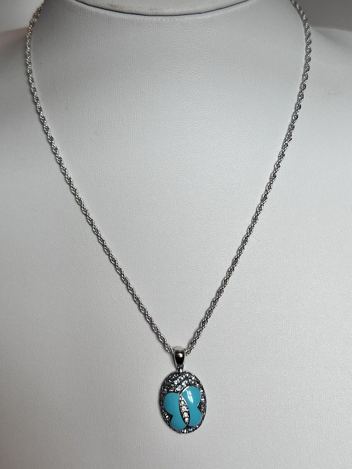 Vintage 1980s Rhodium Plated Blue Butterfly Diamanté Pendant Necklace