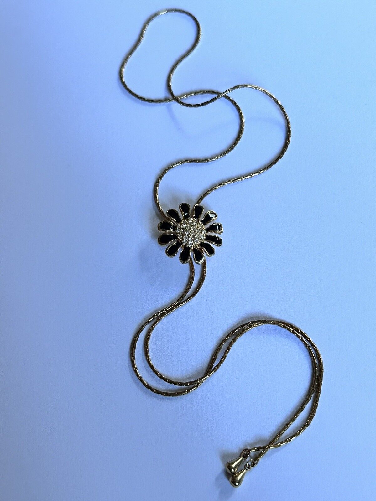 Vintage Gold Tone Adjustable Black Enamel Diamanté Flower Necklace