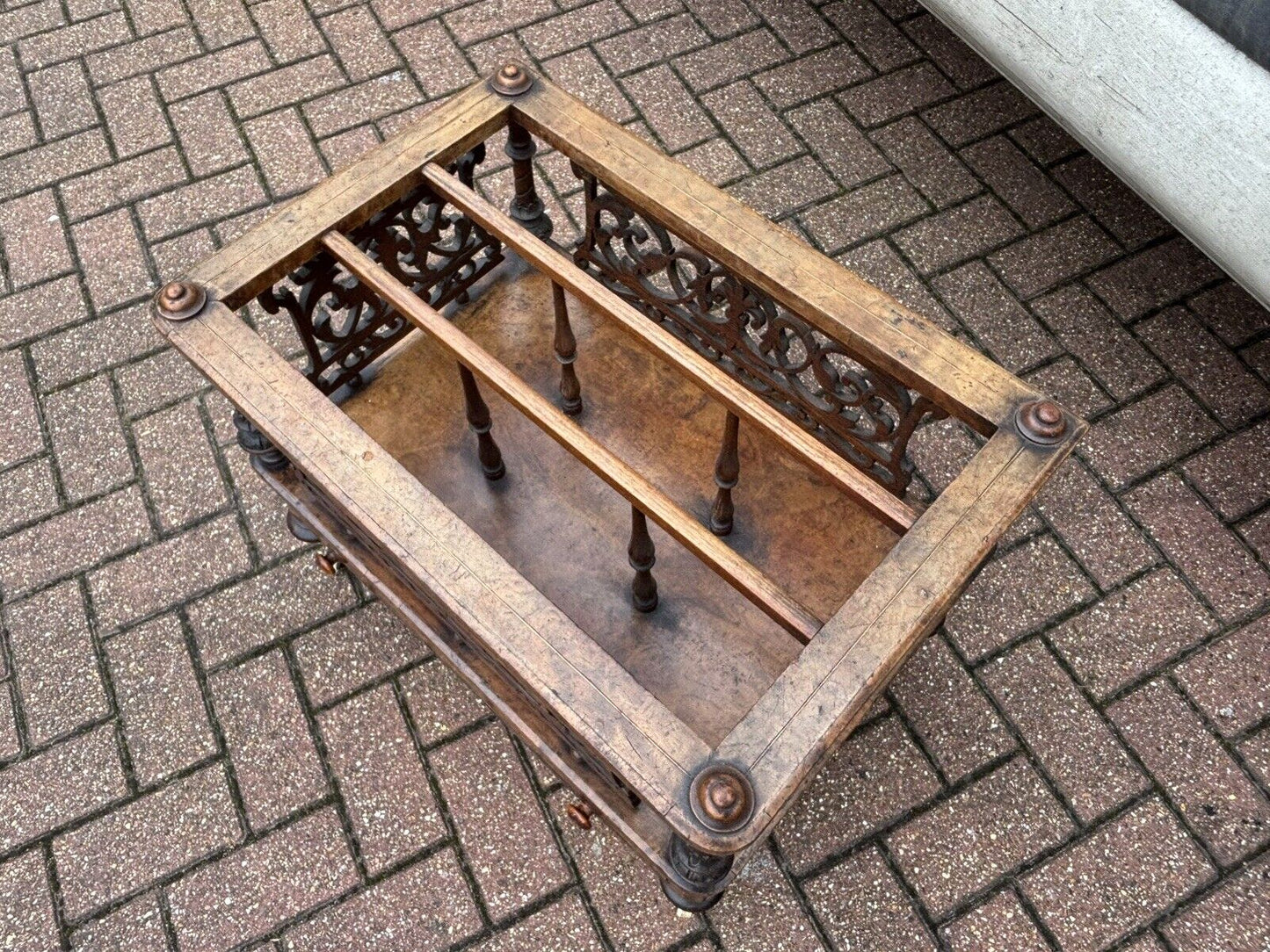 Victorian Walnut Canterbury Magazine Rack With Drawer, White Castors